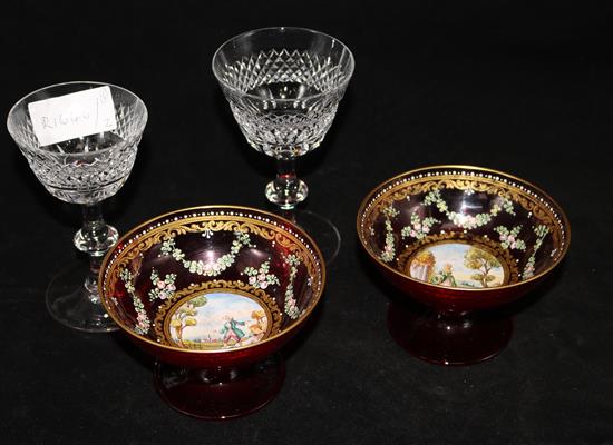 A pair of figurative decorated ruby bowls and a pair of cut glasses